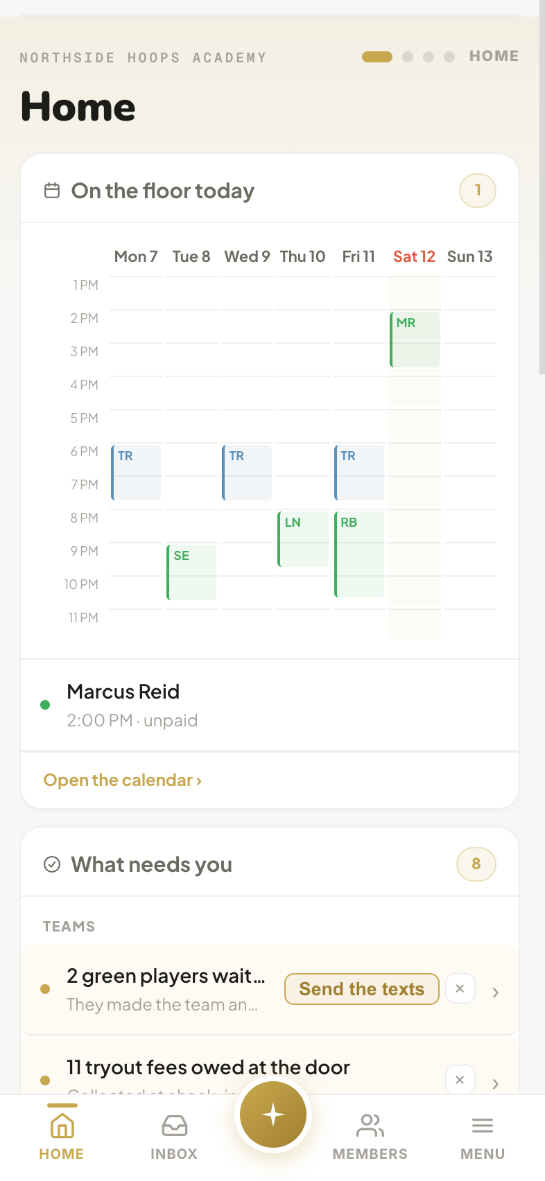 The FullControl phone app: the day's action items, inbox and the agent orb